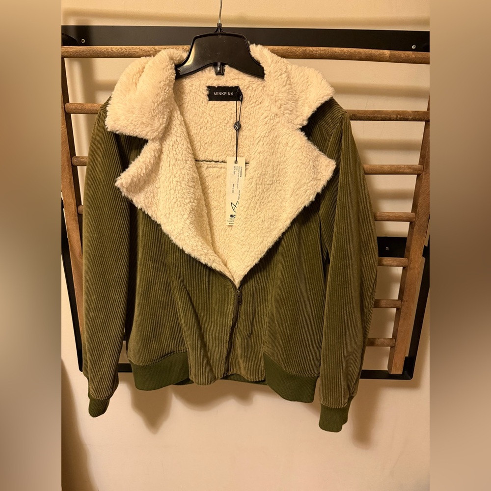MINKPINK Olive Corduroy Teddy Jacket with Cream Fleece